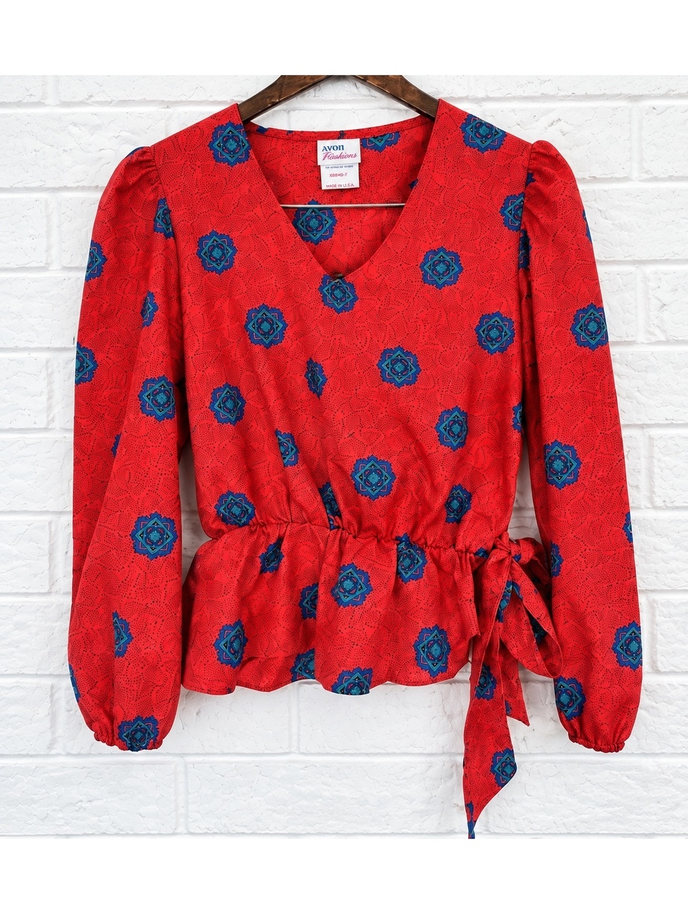 VTG 90s Avon Fashions Red Medallion Wrap Blouse Long Sleeve Peplum. Size 9/10